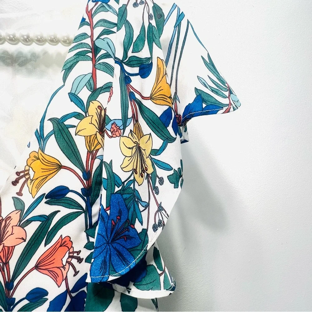PARKER Blue Floral Lilly High Low Ruffle Dress Short Sleeve Flowy Dress Sz Small - Picture 6 of 15